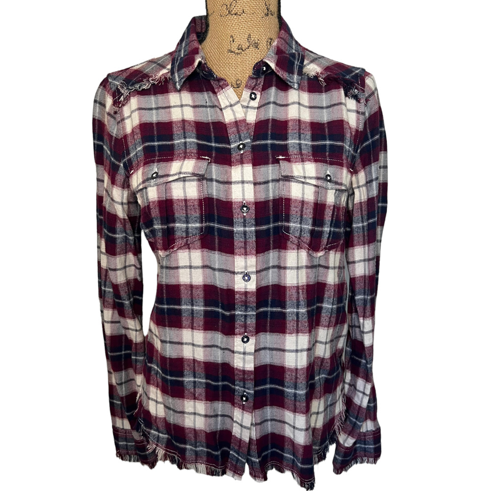 Paige Jeans Jacey Plaid Flannel Raw Hem Top Small
